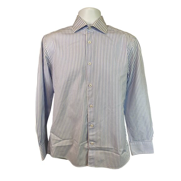 Bugatchi Uomo Button Up Dress Shirt 15 32/33 Blue White Stripe Corpcore Preppy - Picture 1 of 9